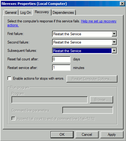 Setting Up Automatic Restart in the Filerexec Service Properties